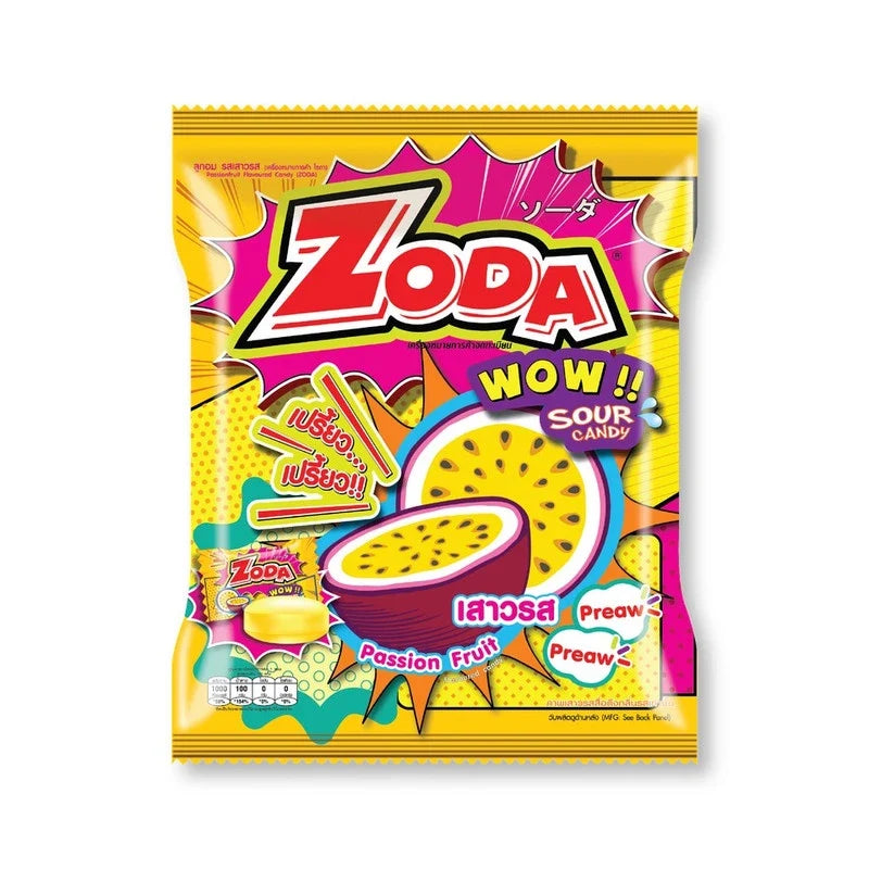 Zoda WOW Passion Fruit Candy 250g, dry grocery snack with vibrant passion fruit flavor and colorful packaging.