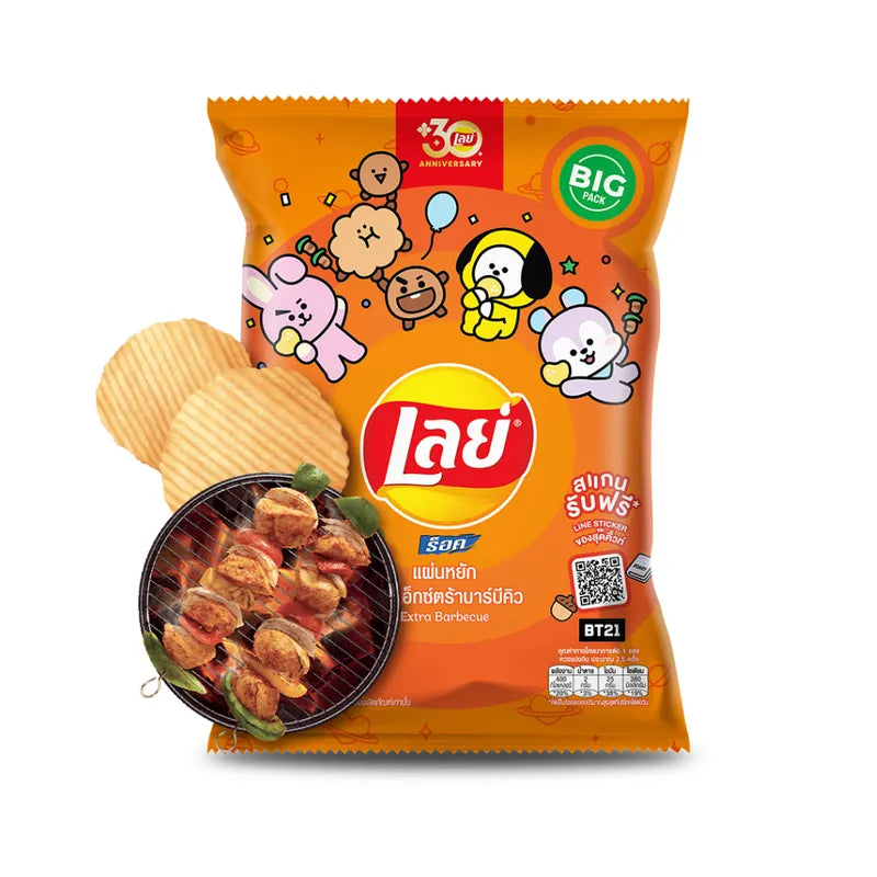 LAYS Rock Extra BBQ snack pack, 69g x12, crispy flavored potato chips with smoky barbecue seasoning in a multi-pack.