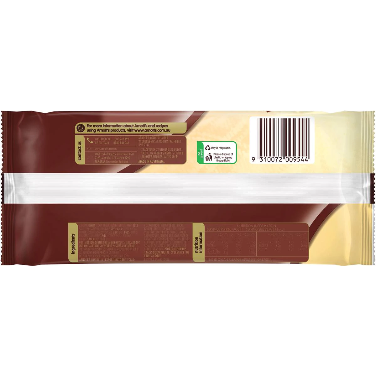 Two Arnott's Choc Scotch Fingers confectionery snacks with chocolate coating and biscuit base on a white background.