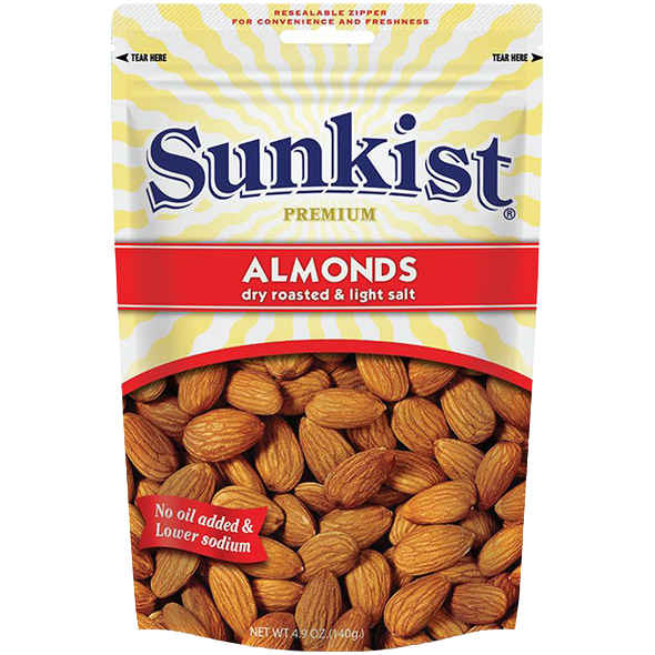 Sunkist dry roasted almonds with light salt in a bowl, highlighting the crunchy, salted almond snack.