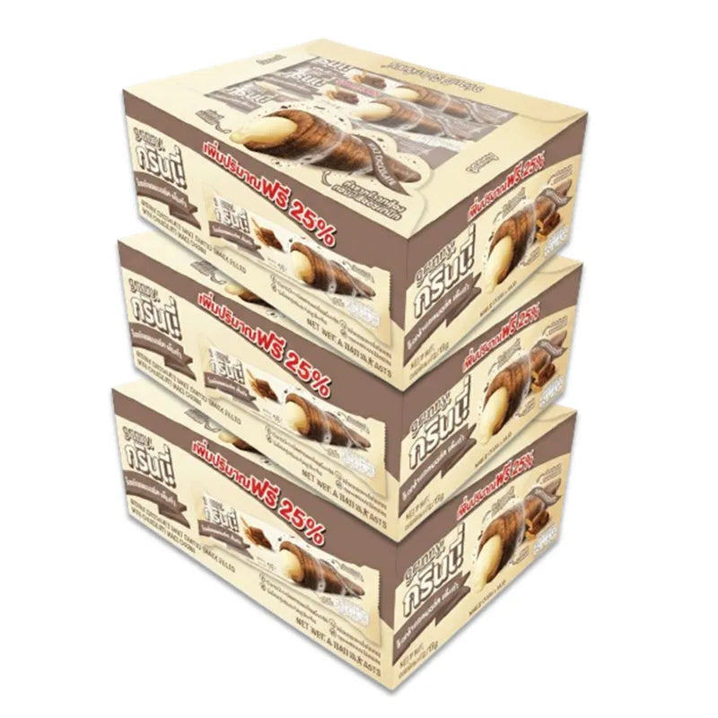 GRINNY chocolate-coated snack filled with malt cream, 15g x3, showing the individually wrapped treats in a close-up view.