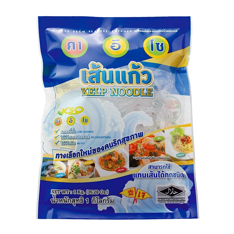 KSO Kaiso Kelp Noodles, 1kg dry grocery package, close-up of the dried kelp noodle strands in a clear bag.