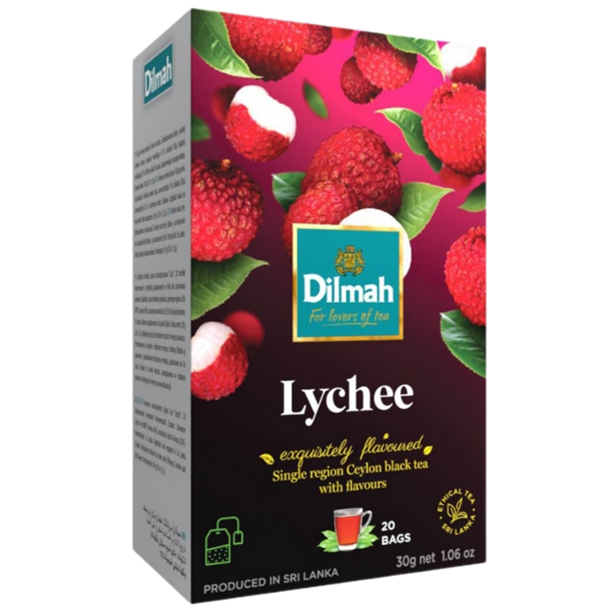 Dilmah Lychee Ceylon Black Tea drink in a clear glass, showcasing the dark tea with a lychee flavor infusion.