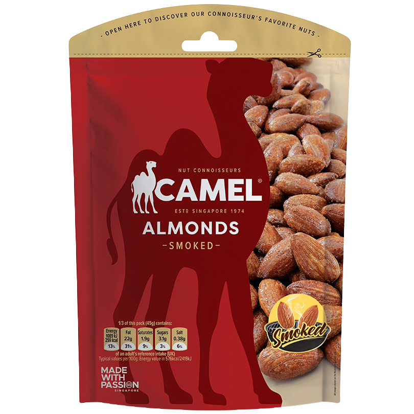 Camel smoked almonds, a package of crunchy confectionery snack with roasted, smoky flavor and salted almonds.