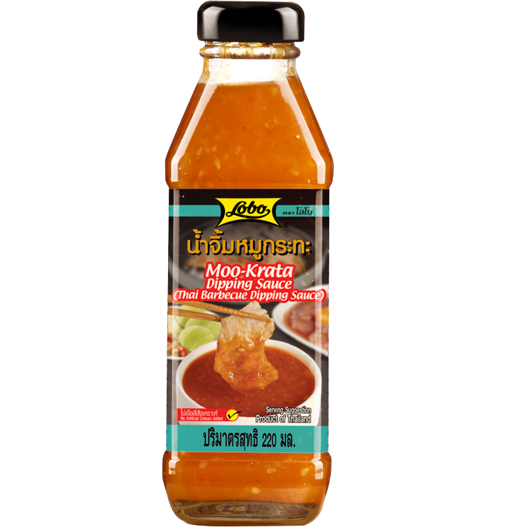 Lobo Moo Krata dipping sauce in a jar, featuring a rich, dark Thai-style sauce with herbs and spices, for dipping or cooking.