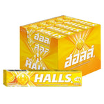 Halls Honey Lemon cough drops in a 20-piece package, HALL'S brand dry grocery snack confectionery, close-up of the product packaging