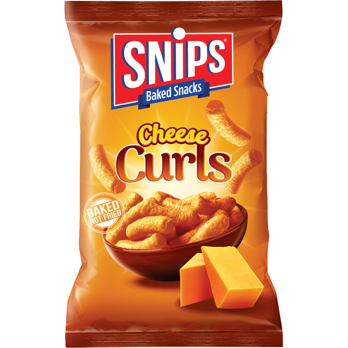 Snips Cheese Curls, a close-up of crispy cheese-flavored confectionery snack curls in a clear bowl.
