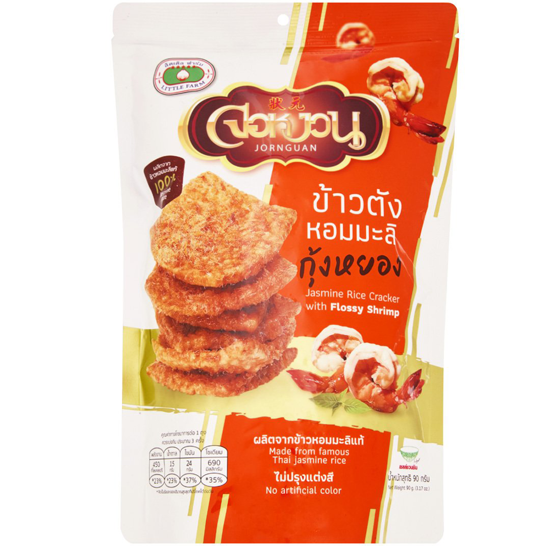 Jornguan Rice Cracker with Shrimp Floss, a crispy confectionery snack featuring shrimp topping and crunchy rice crackers.