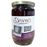 Canned sliced beetroot in a jar from Driver's, bright red pickled beets ready for salads or side dishes.