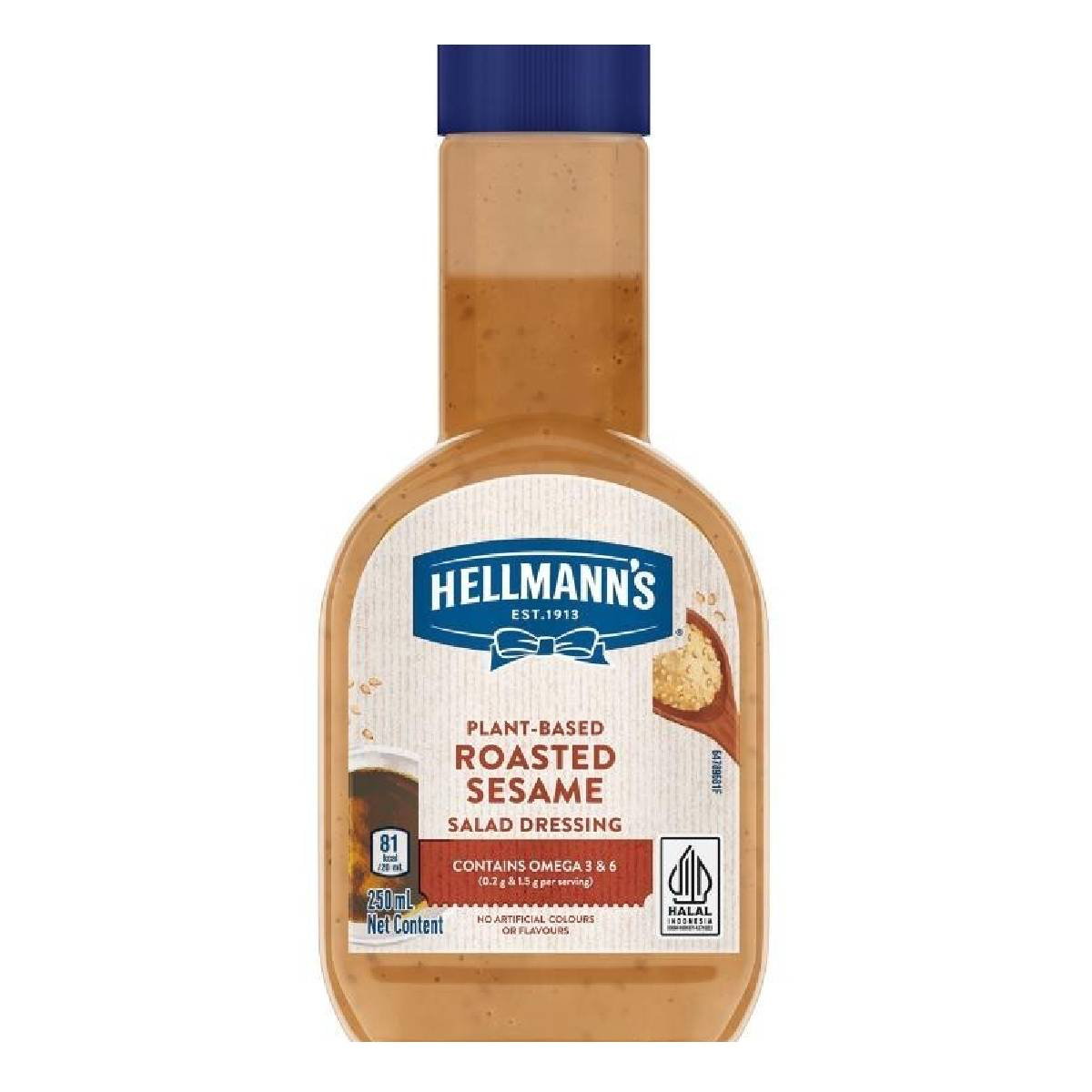 Hellmann's Plant-Based Roasted Sesame Dressing bottle, healthy grocery product with sesame seeds and creamy texture visible.