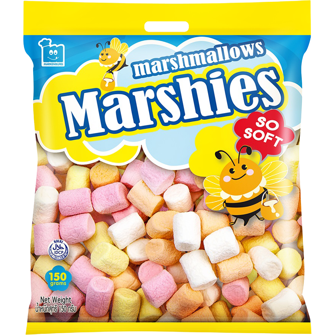 Assorted mini Markenburg Marshies marshmallow candies in bright colors, perfect for snacking or dessert toppings.