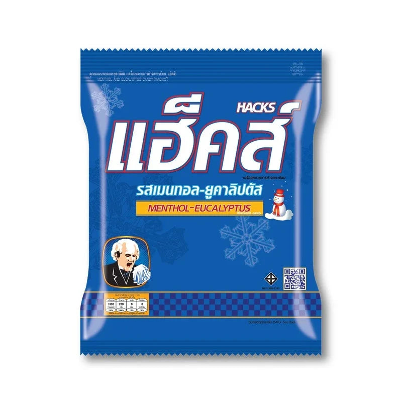 Hacks Candy Menthol Eucalyptus 270g, dry grocery snack with menthol and eucalyptus flavor, displayed in a clear package.