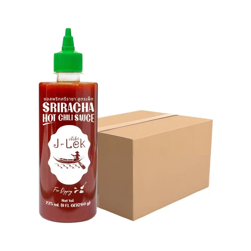 J-LEK Sriracha Chili Sauce bottle with spicy red chili sauce, 260g, in a clear plastic bottle with a red cap.