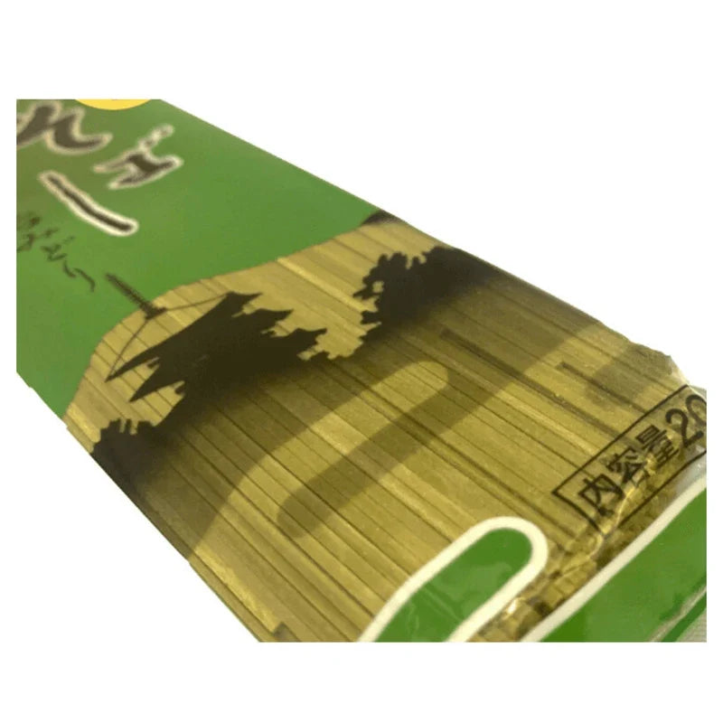 Kanesu Chasoba Uji Midori green tea soba noodles in a package, Japanese dry grocery product with green tea flavor, made by KANESU.