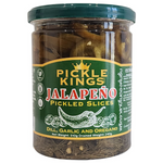 Jalapeno pickle slices from Pickle Kings in a jar, showcasing vibrant green spicy jalapeno peppers and pickle slices.