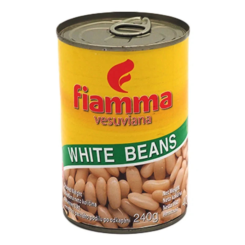 Fiamma Vesuviana white beans in brine, 400g jar, showing white beans in clear liquid for dry grocery use