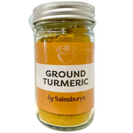 Sainsbury's Ground Turmeric spice jar showing bright yellow ground turmeric inside, labeled with the Sainsbury's brand.