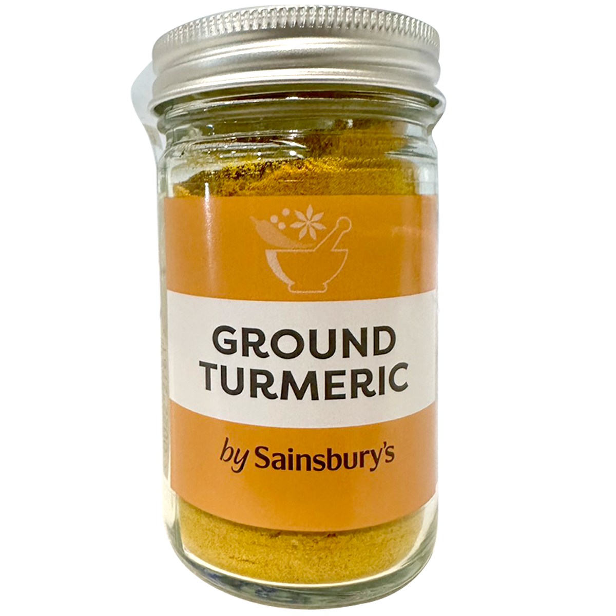 Sainsbury's Ground Turmeric spice jar showing bright yellow ground turmeric inside, labeled with the Sainsbury's brand.