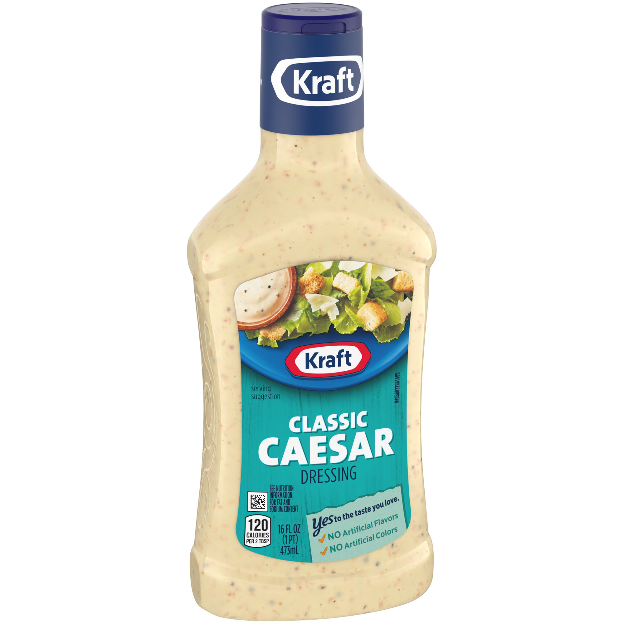 Kraft Classic Caesar Dressing bottle, creamy salad dressing with Caesar flavor, shown in a grocery product image.