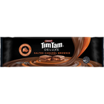 Arnott's Tim Tam Salted Caramel Brownie choc confectionery snacks with caramel and chocolate filling, displayed in close-up.