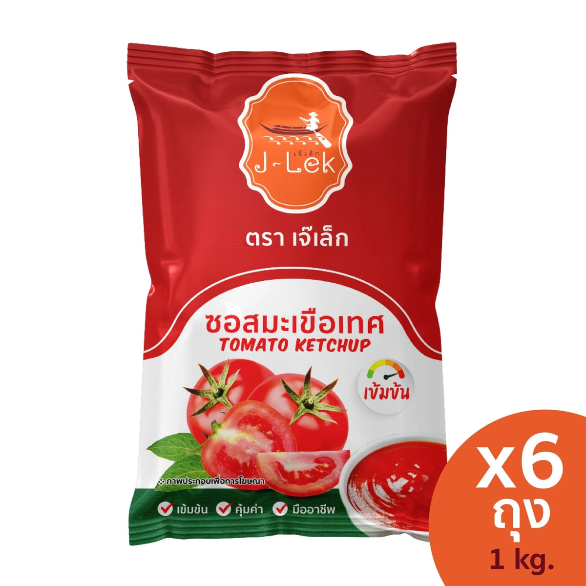 J-LEK Tomato Ketchup 1kg bags, dry grocery product, six-pack with shiny red ketchup bottles and packaging details.