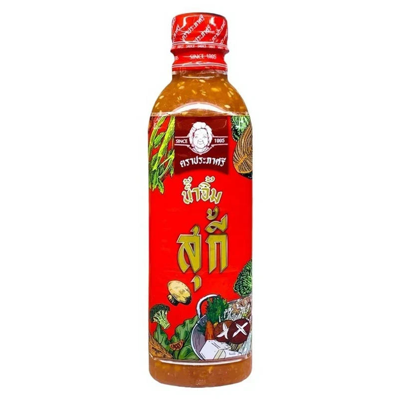 Prapasri Suki Sauce 500g bottle from PRAPASRI, a Thai dry grocery condiment for Suki hot pot dishes.