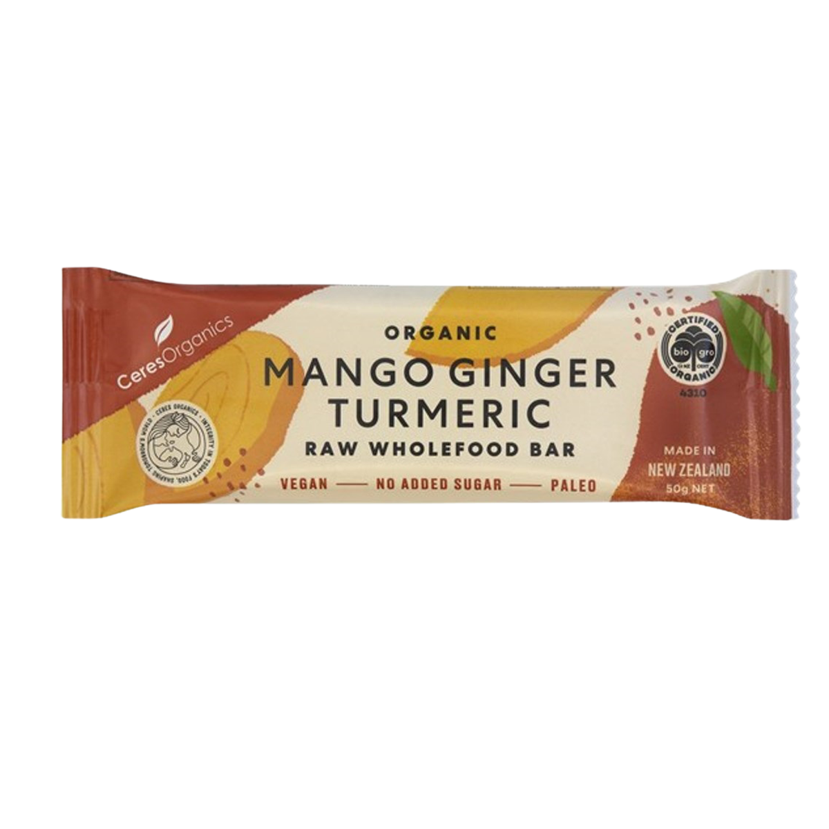 Ceres Organic Mango Ginger Turmeric Bar showing the packaged snack with fresh mango, ginger, and turmeric ingredients.