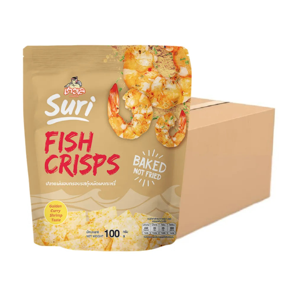 Chaolay Fish Crisps, snack confectionery, 100g pack, featuring crispy fish snack with golden texture, multiple packs shown.