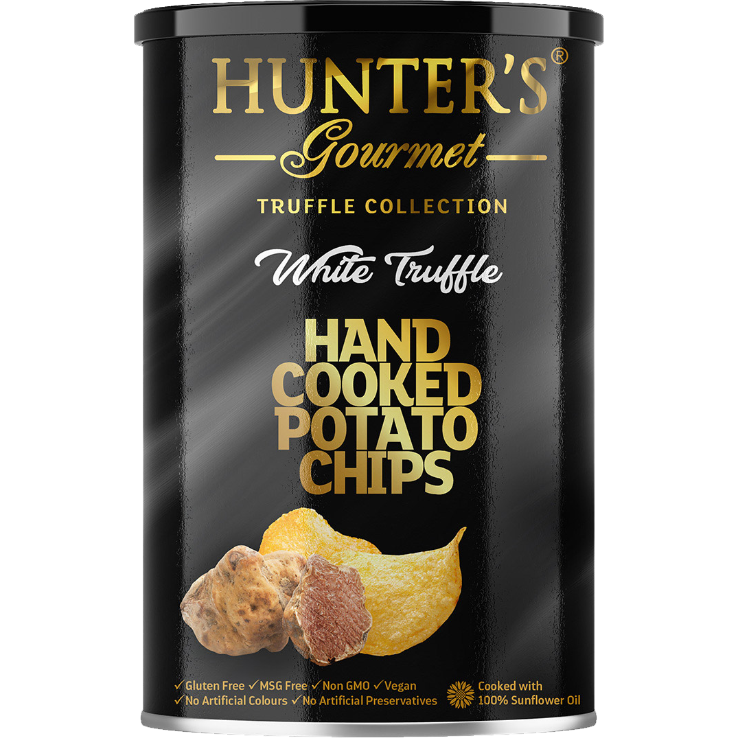 Hunter's White Truffle Potato Chips, savory confectionery snack with crispy chips and white truffle flavor, close-up view.