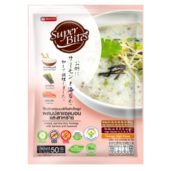 Super Bites rice porridge with salmon and seaweed in a bowl, ready to eat, showcasing fresh ingredients and traditional Japanese flavors.