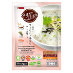 Super Bites rice porridge with salmon and seaweed in a bowl, ready to eat, showcasing fresh ingredients and traditional Japanese flavors.