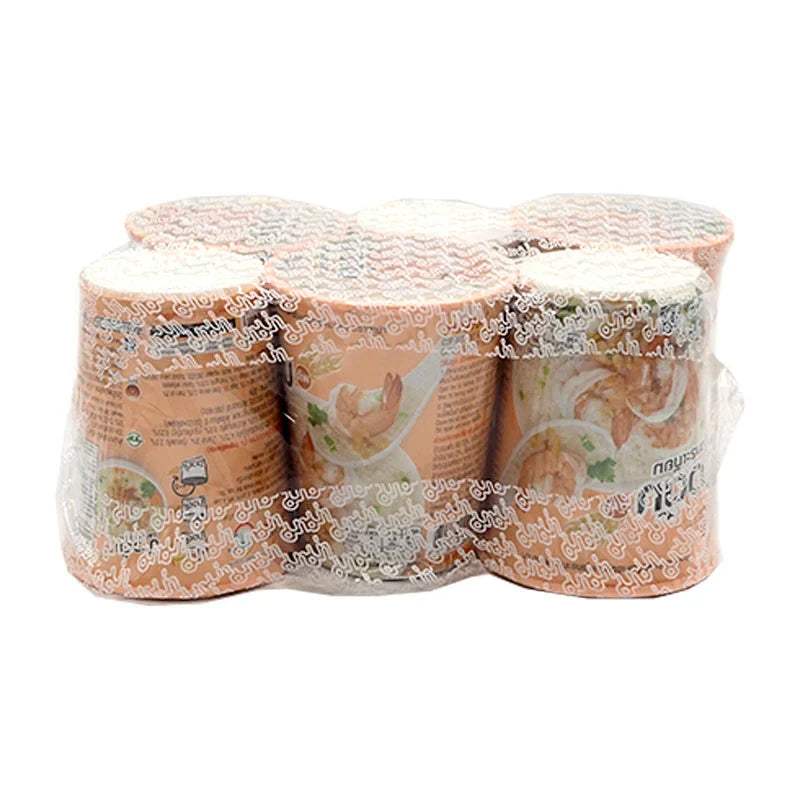 Dry grocery Mama Rice Soup Shrimp Garlic 40g pack, featuring shrimp and garlic flavor, displayed in a clear container.