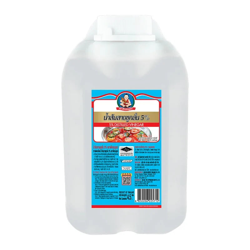 Deksomboon 5% distilled vinegar bottle in 4.5L dry grocery packaging, clear liquid vinegar for cooking and cleaning.