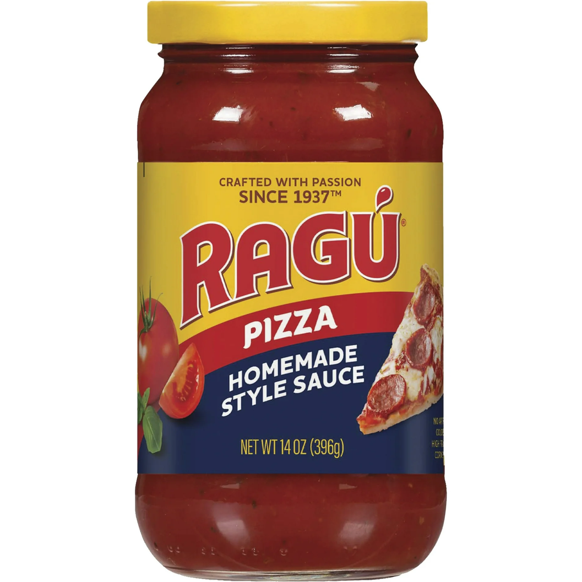 Jar of Ragu Homemade Pizza Sauce with a label, showcasing rich tomato sauce in a glass jar for homemade pizza recipes.