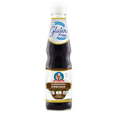Deksomboon gluten-free oyster sauce in a 350g jar, showcasing the rich, dark sauce with a smooth texture.