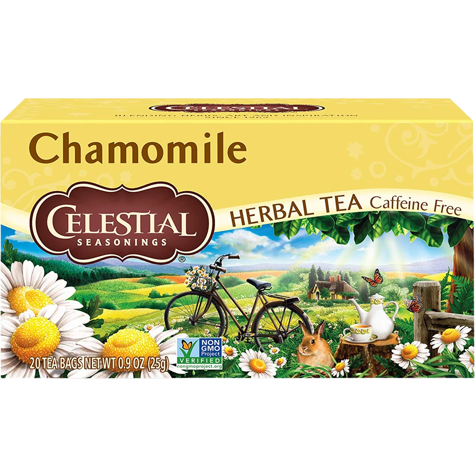 Celestial Seasonings Chamomile Tea caffeine-free drink in a tea bag, with chamomile flowers and tea leaves visible.