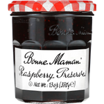 Jar of Bonne Maman Raspberry Preserves with a rustic label and red raspberry jam inside, on a white background.