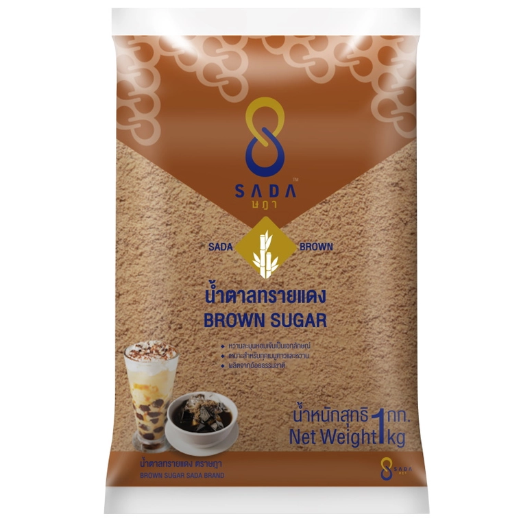 Sada Caramel Coated Sugar in a clear package, showing golden caramel-coated sugar crystals for baking and sweetening.