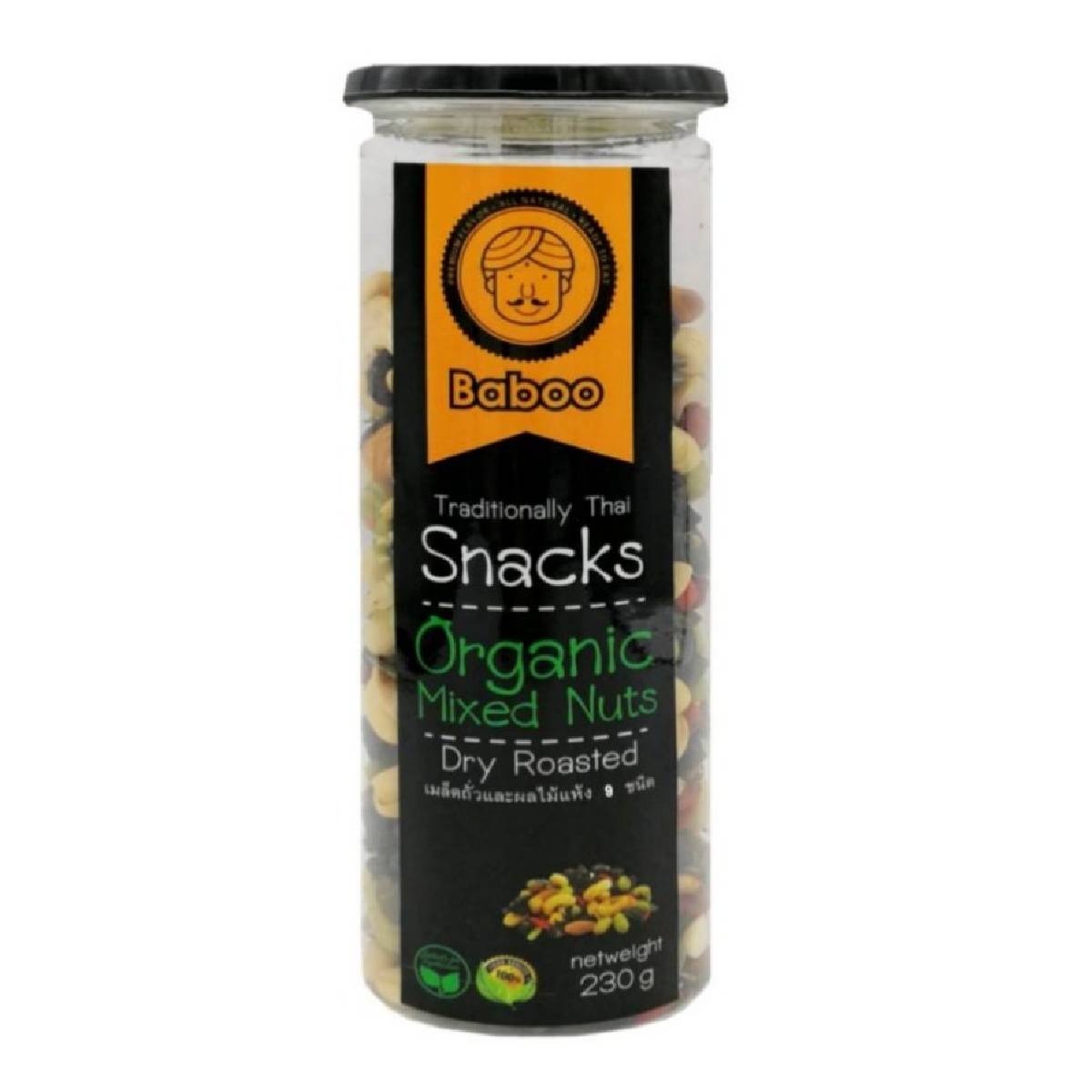 Assorted Baboo Organic Mixed Nuts in a clear bowl, showcasing a variety of healthy, natural confectionery snack nuts.