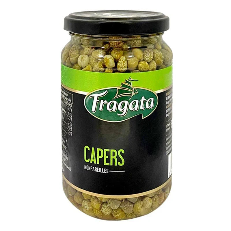 Fragata Capers in brine jar, showcasing small green capers submerged in brine, ready for culinary use.
