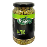 Fragata Capers in brine jar, showcasing small green capers submerged in brine, ready for culinary use.