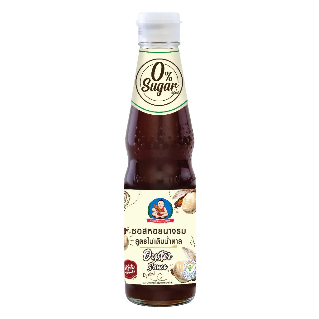 Deksomboon Keto Oyster Sauce 350g in a glass jar, showcasing the rich, dark sauce ideal for Asian cuisine and keto recipes.