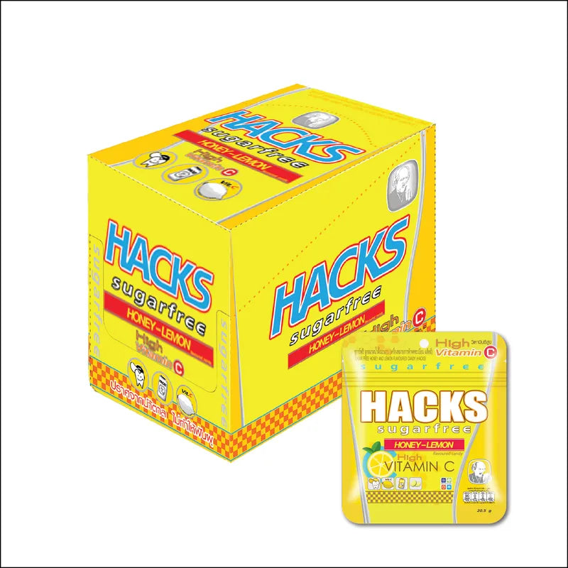 Hacks Sugar-Free Lemon Candy, 20.5g snack pack, bright yellow lemon-flavored confectionery, ideal for sugar-free snack lovers.