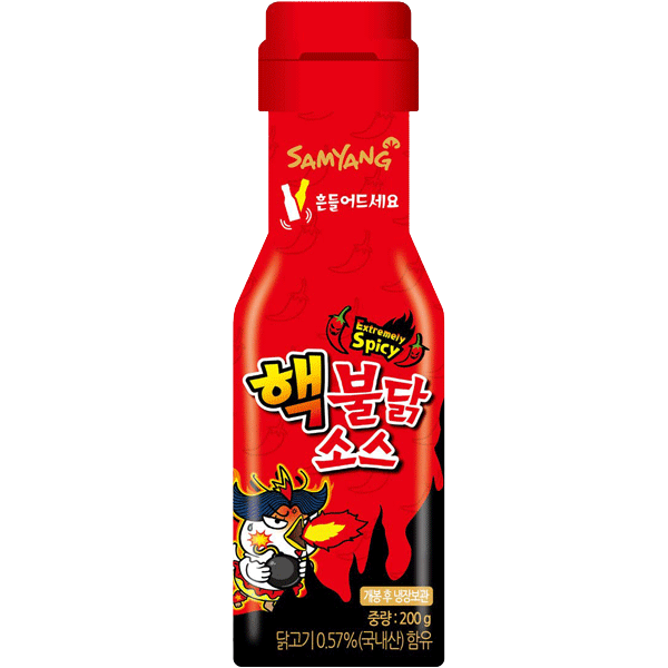 Samyang Extreme Buldak Hot Chicken Sauce bottle with label, spicy Korean hot chicken sauce for cooking or dipping.