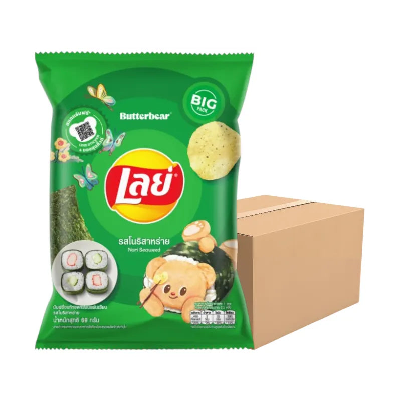 LAYS Classic Nori Seaweed Snacks in 69g pack, featuring crispy seaweed sheets with savory flavor, stacked in a box.