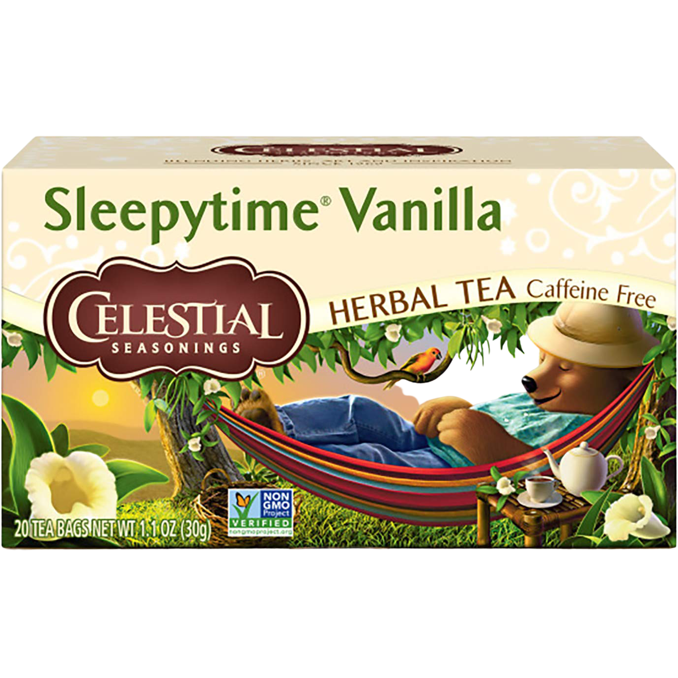 Two boxes of Celestial Seasonings Sleepytime Vanilla herbal tea, caffeine-free drink with vanilla flavor, on a white background.