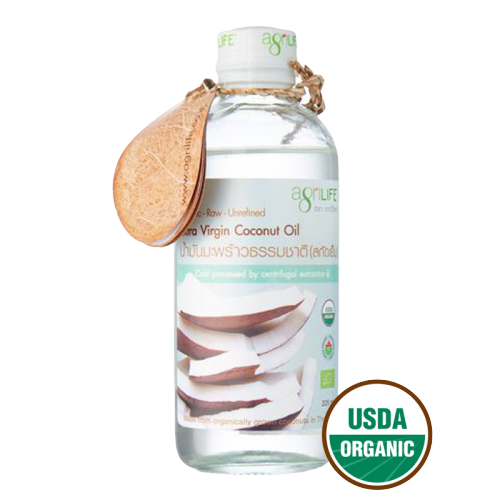 Organic Agrilife Coconut Oil jar, healthy natural product with a white label, featuring a coconut illustration and green accents.