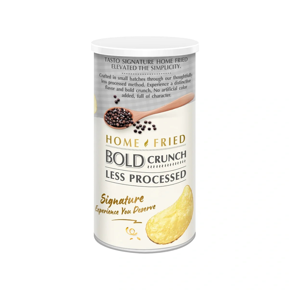 Tasto Signature Home Fried Black Pepper snack in 90g package, dry grocery, black pepper flavored crispy snack.