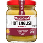 Bottle of Masterfoods Hot English Mustard with yellow label and squeeze top, used as a spicy condiment for sandwiches and snacks.