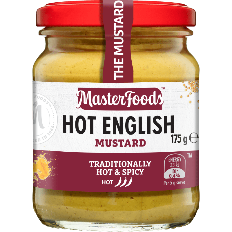 Bottle of Masterfoods Hot English Mustard with yellow label and squeeze top, used as a spicy condiment for sandwiches and snacks.